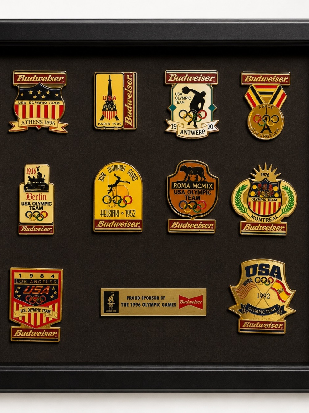 Budweiser Gold and Red Olympic Pin Display